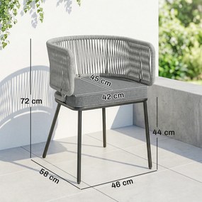 Conjunto de 2 cadeirões de jardim, encosto e braços em corda de resina trançada, almofadas removíveis, 46 x 58 x 72 cm, cinzento claro