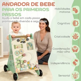 Andador de Madeira para Bebé Centro de Atividades de Aprendizagem Montessori com Controlo de Velocidade com Xilofone 33,5x36x46,8 cm Verde