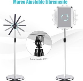 Conjunto de 2 suportes de pé A4 para cartazes de metal, cartazes de quadro, menus, publicidade exterior, altura ajustável, giratório, prateado
