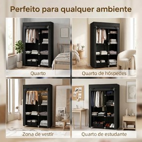 Guarda roupa de Tecido Dobrável com 6 Prateleiras e 1 Barra de Pendurar para Dormitório Vestidor 103x43x162,5 cm Preto