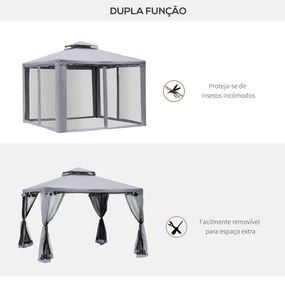 Pérgola de Jardim 294x294x265cm com Duplo Teto de Ventilação 8 Orifícios de Drenagem e 4 Telas Mosquiteiras Cinza