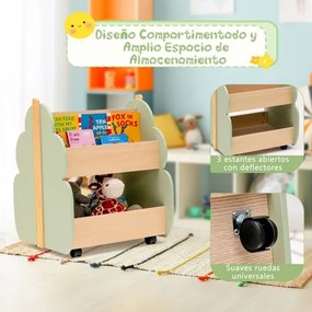 Estante de madeira para crianças com rodas Estante de brinquedos multifuncional de 2 níveis Organizador de livros 52 x 46 x 62,5 cm Verde