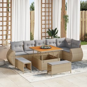 Conjunto de Sofá de Jardim vidaXL 9 Peças com Almofadas Bege Vime Acác