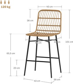 Conjunto de 2 Bancos Altos de Cozinha Bancos de Bar com Encosto e Assento em Vime Sintético 43x56x101 cm Castanho claro e preto