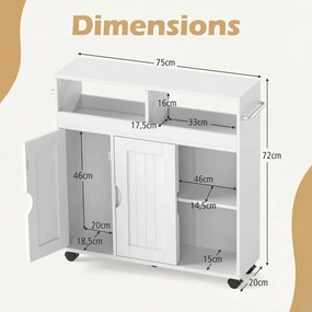 Carrinho de cozinha com rodas 75 x 20 x 72 cm, estreito, com prateleira ajustável e toalheiros, para sala, cozinha ou entrada, branco