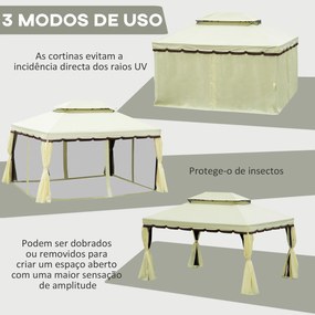 Outsunny Pérgola de Jardim 4x3m Pérgola de Alumínio com Teto com Ventilação 4 Cortinas Laterais 4 Telas Mosquiteiras e 8 Orifícios de Drenagem para festas Eventos Exterior Creme