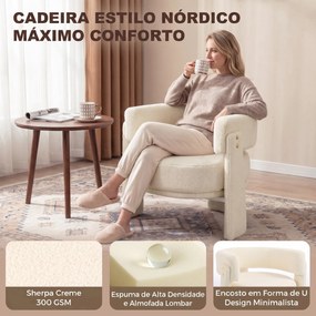 Poltrona em Tecido Bouclé com Almofada Lombar Assento Profundo Acolchoado e Braços Branco-Creme