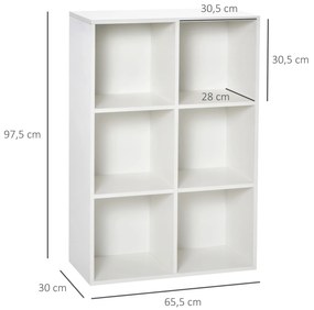 Estante para Livros Estante de Madeira de 3 Níveis com 6 Compartimentos de Armazenamento para Sala de Estar Dormitório Escritório 65,5x30x97,5cm Branc