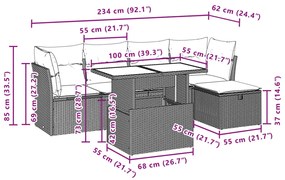 6 pcs conjunto sofás de jardim c/ almofadões vime PE preto