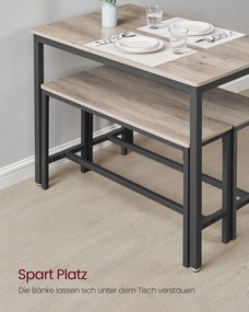 Conjunto Mesa de jantar 70 x 110 x 75 cm com 2 bancos compridos conjunto de 3 peças greige e preto