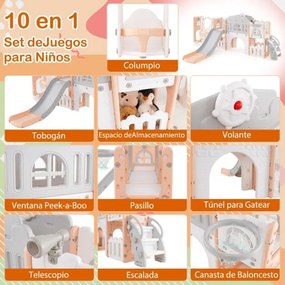 Conjunto de baloiço e escorrega 10 em 1 para crianças com cesto de basquetebol telescópico e corredor infantil Cinza + Rosa
