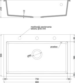 Mexen Elix lava-louça de granito de 1 cuba 800 x 500 mm, preto salpicado, sifão cromado - 6527801005-76