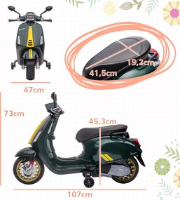 Scooter elétrica infantil Vespa 6 V, 107 x 47 x 73 cm, música MP3, porta USB, farol, 2 rodas de apoio - Verde