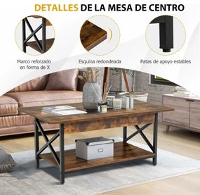 Mesa de centro industrial de 2 níveis com Estante para arrumação e estrutura em X de metal para sala de estar 110x60x48 cm Castanho