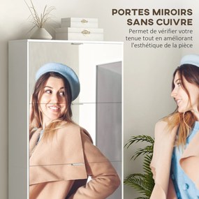 Sapateira 2 em 1 com frentes espelhadas 76 x 26 x 168  cm, 4 portas basculantes, prateleiras ajustáveis, capacidade para até 24 pares, branco