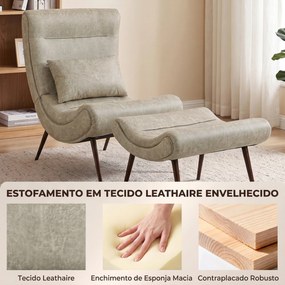 Poltrona Retro com Apoia-pés em Leathaire e Almofada Lombar, Branco Creme