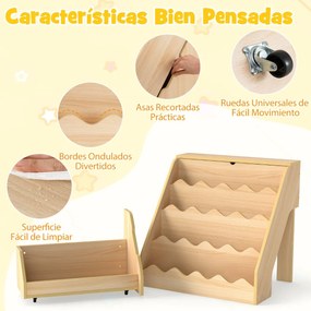 Estante de madeira para crianças 63 x 49 x 61,5 cm com 4 níveis, prateleiras abertas, gaveta com rodízios e caixa com tampa, em tom de madeira natural
