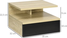 Conjunto de 2 mesas de cabeceira de parede com gaveta deslizante 35 x 32 x 22,5 cm, compartimento aberto, tabuleiro - Preto e cor Carvalho