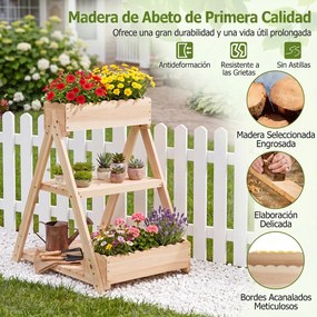 Floreira Elevada 66 x 58 x 60 cm em Madeira de Abeto com 3 Vasos, 2 Estantes e Sistema de Drenagem para Flores, Frutas e Jardim Natural