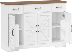 HOMCOM Aparador de Cozinha Rústico, Móvel de Cozinha com Portas Soft-Close, 3 Gavetas, 3 Prateleiras Ajustáveis, Porta-Temperos, Branco | Aosom Portugal