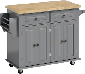 HOMCOM Ilha de Cozinha com Rodas 2 Gavetas 4 Portas Suporte para Temperos e Barra Lateral 111x44,5x82,5 cm Cinzento e Madeira | Aosom Portugal