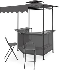 Abrigo para churrasco ou bar com 2 Bancos Dobráveis, 229 x 177 x 160 cm, Estrutura Metálica Reforçada, Cinzento