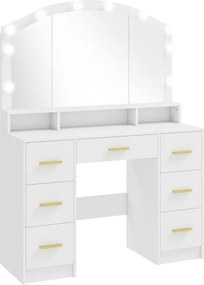 Toucador maquilhagem com 10 Luzes LED de 3 Cores  110x40x150 cm com Espelho 7 Gavetas 3 Compartimentos Moderno Branco