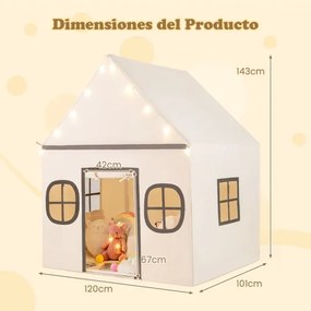 Casa de brincar para crianças para interior 120 x 101 x 143 cm, com luzes de estrelas e tapete acolchoado a partir dos 3 anos Bege + Café