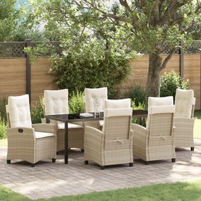 Conjunto de Jantar de Jardim de 7 Peças com Almofadas Bege Vime PE
