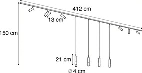 Sistema de calhas de iluminação moderno preto com 6 focos e 4 candeeiros suspensos bronze escuro monofásico - Slimline Uzzy Loyce
