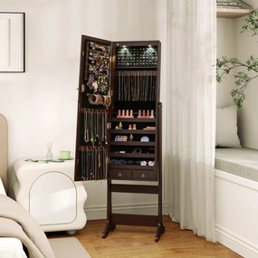 Armário para joias com espelho de corpo inteiro e luzes LED 4 ângulos de inclinação ajustáveis 41 x 37 x 146 cm Castanho