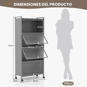 Armario de cozinha de 5 níveis sobre rodas Estante de cozinha de 5 níveis com portas articuladas 60 x 32 x 154 cm Cinzento