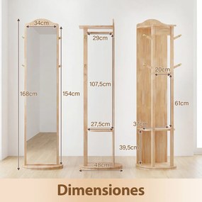 Espelho giratório 3 em 1 com cabideiro, estantes e ganchos – organizador para quarto – 48 x 168 cm – cor Natural