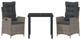 Conjunto de Jantar de Jardim com 3 Peças e Almofadas Cinza em Rattan d