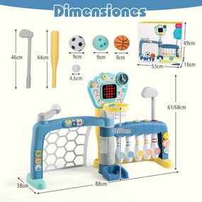 Brinquedo desportivo 5 em 1 para crianças pequenas Centro de atividades para crianças com aro de basquetebol ajustável Baliza de futebol multicolorido