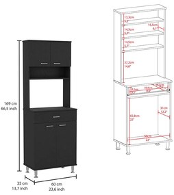 Armário cozinha  Della com gaveta, 2 armários e bancada para micro-ondas, 169 x 60 x 35 preto