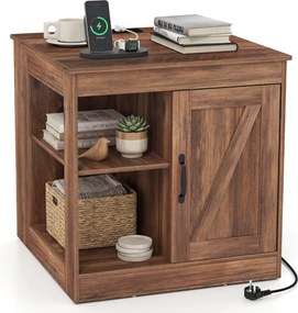 Mesa apoio, mesa cabeçeira Rústica 60 x 60 x 61 cm com Estação de Carregamento, com Porta Deslizante para Quarto e Sala cor Carvalho rústico