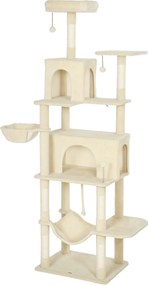 PawHut Arranhador para Gatos com Plataformas Plataformas Caverna Postes de Sisal Bolas e Corda para Brincar 60x48x202 cm Bege | Aosom Portugal