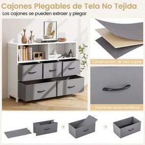 Cômoda com 5 gavetas 100 x 30 x 78 cm, 2 caixas grandes de tecido, 3 caixas médias e gavetas dobráveis de tecido Branco