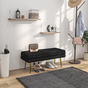 Banco com baú de arrumação 2 em 1, 100 x 37,5 x 42 cm assento com acabamento em veludo e pés em aço - preto e dourado
