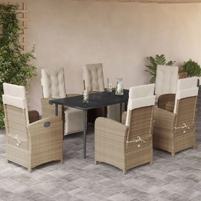 7 pcs conjunto de jantar p/ jardim com almofadões vime PE bege