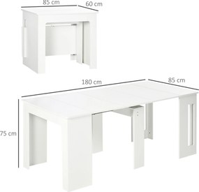 Mesa de Jantar Dobrável, 60-180 x 85 x 75 cm, Extensível até 6 Pessoas (CADEIRAS NÃO INCLUIDAS), Branca