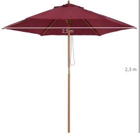 Chapéu de Sol Ø250x230cm Chapéu de Sol com Mastro de Madeira com 6 hastes Sistema de Polia com Fixação para Jardim Pátio Terraço Vinho