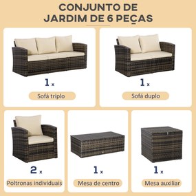 Conjunto de Jardim Exterior de Vime 6 Peças Almofadas Sofá de Dois Lugares Sofá de Três Lugares 2 Cadeiras 2 Mesas Auxiliares Cáqui