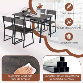 Conjunto de móveis de cozinha de 5 peças com mesa de jantar retangular industrial 4 cadeiras Estante para arrumação e estrutura metálica Cinzento