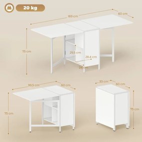 Mesa de Cozinha Dobrável com Arrumação (CADEIRAS NÃO INCLUIDAS) Mesa de Refeição Compacta com 4 Prateleiras 169x60x75 cm Branco