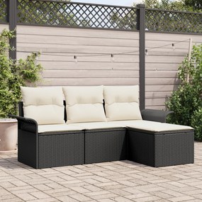 Conjunto de Sofá de Jardim vidaXL 4 Peças com Almofadas Preto Rattan PE