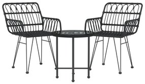 3 pcs conjunto de jantar para jardim vime PE preto