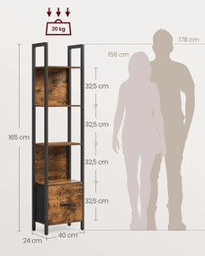 Estante com gaveta e estrutura em aço com design industrial 24 x 40 x 165 cm Castanho vintage + Preto