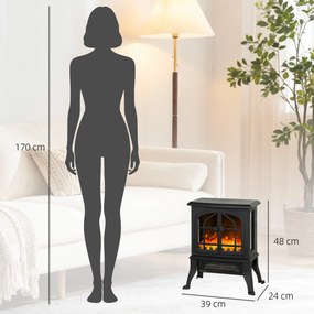 Lareira Elétrica 900/1800W 39x24x48 cm com Efeito Chama 3D 2 Níveis de Potência Termóstato Ajustável  para 15-30 ㎡  Preto